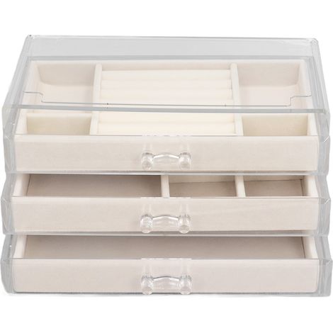 Organisateur de bijoux en acrylique transparent beige avec tiroir, boîte de rangement pour bijoux de bureau, boucles d'oreilles et colliers. (1/5)