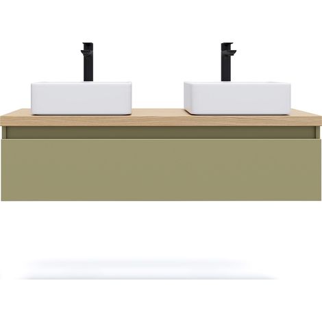 Meuble de salle de bain suspendu 2 vasques à poser 120cm 1 tiroir Vert olive - Hudson (1/5)