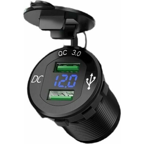 Double prise USB moto, chargeur de voiture, adaptateur de prises marines, étanche, allume-cigare, 2,1 A, charge rapide avec voltmètre LED pour 12 V/24 V, prise QC 3.0 avec voltmètre (1/4)