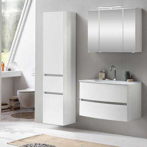 Waschtisch Set LAURIA-03, Seitenschrank in matt weiß, mit 3D Spiegelschrank, inkl. LED-Beleuchtung, BxHxT: ca. 140x200x49 cm (1/5)
