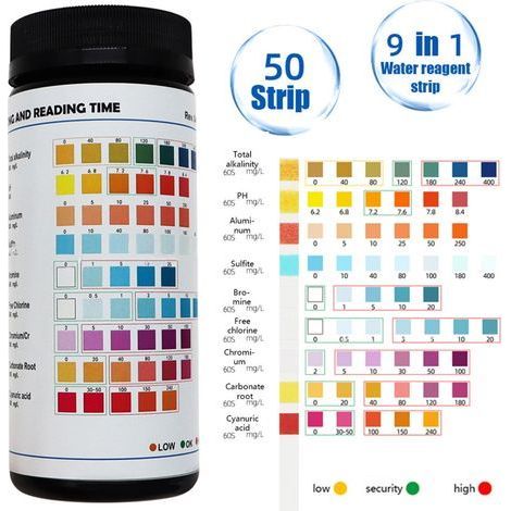 Packung mit 50 9-in-1-Teststreifen für Schwimmbäder, multifunktionale Wasserqualitätskontrolle, Schachtel mit 50 Tests (1/5)