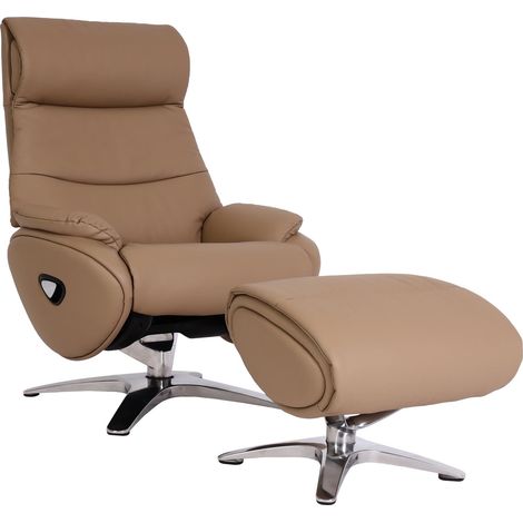 Relaxsessel mit Hocker HHG-334, Fernsehsessel Sessel, Liegefunktion drehbar, Metall Echtleder/Kunstleder taupe