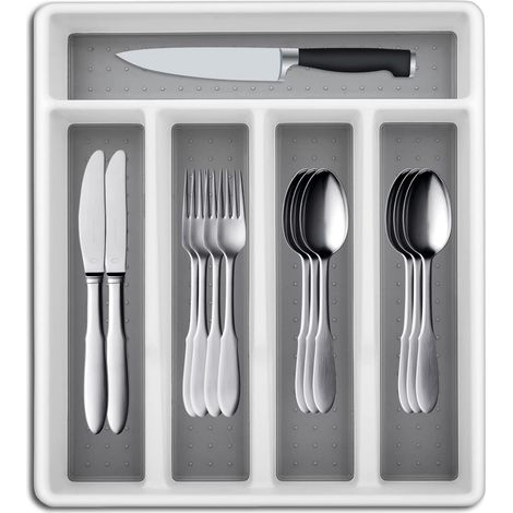 Range-couverts - Organiseur de rangement pour la maison, la cuisine, les ustensiles pour cuillère, fourchette, 5 grilles - Blanc (1/5)
