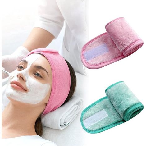 Diadema de maquillaje - Diadema de belleza - Limpieza facial y maquillaje - Velcro ajustable - 8 cm de ancho - Verde/Rosa (1/5)