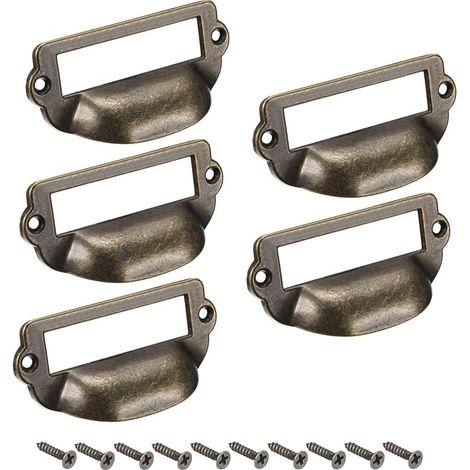 JSSEVN-Tiradores portatarjetas de aleación de zinc estilo vintage, pomos para cajones y armarios, acabado bronce, 82x40 mm, con tornillos, paquete (1/5)