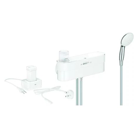 GROHE Set de inicio de ducha Purefoam 105074, dispositivo Purefoam blanco, batería, cargador, teleducha Purefoam 110 con difusor blanco, flexos de ducha, jabón corporal Kinuami Mint, blanco/cromo, 105