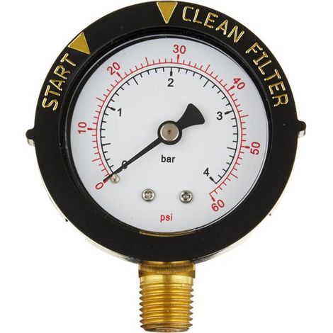 Manomètre de remplacement Pentair 190058 pour vannes de piscine et spa, 60 psi, filetage NPT 1/4", montage inférieur, compatible avec le manomètre d'origine. (1/4)