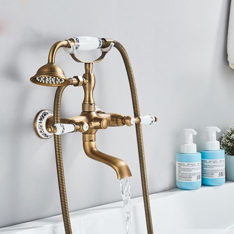 Ensemble de baignoire-douche rétro en laiton noir bronze – Mitigeur eau chaude et froide à double boutons avec bec pivotant mural