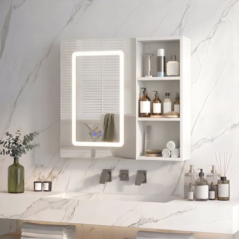 Armoire Miroir Salle de Bain avec LED 3 Couleurs Réglables et Anti-buée, Porte Unique, Rangement Ouvert, Commande Tactile, Blanc (1/5)