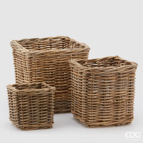 EDG Enzo De Gasperi Set 3 Pz Cesto Rattan Quadrato H 33 Cm H 25 Cm H 19 Cm Light Grey