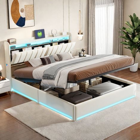 Lit coffre avec sommier lattes en métal - Lit adulte 160 x 200 - Tête de lit capitonnée en velours - Ports USB et Type-C - Bande lumineuse LED réglable - Beige (1/5)