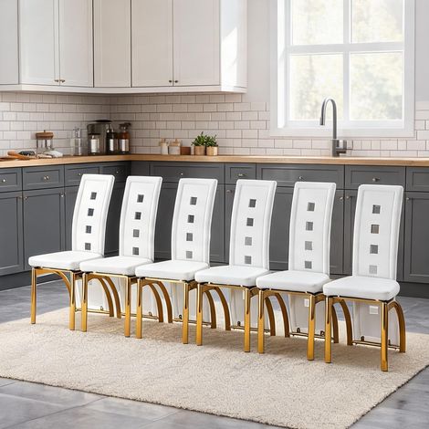 Lot de 6 chaises de salle à manger en PU blanc mat et métal doré (1/5)