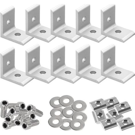 Lot de 10 pièces 90 Degrés Équerre de Fixation Metal, 40 x 40mm Supports d'Angle en Acier Inoxydable, Entretoises de Grille Profilé en Aluminium avec 20 pièces Vis, pour Réparation de (1/4)