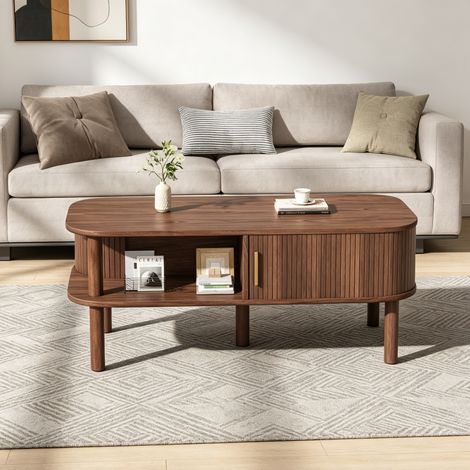 Table basse 110x55x45 cm noyer en MDF avec porte coulissante rainurée et rangement (1/5)