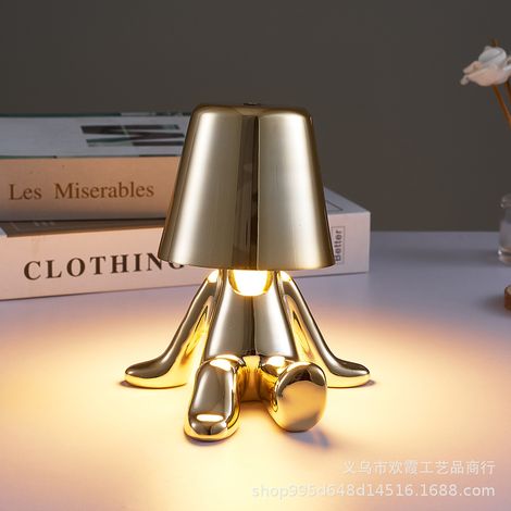 Lampe de chevet tactile, lampe de table dorée « Thinker », lampe de chevet décorative portable sans fil rechargeable avec port de chargement USB. (1/5)