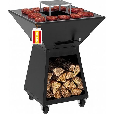 Barbecue a Legna Quadrato Professionale con Braciere con mattoni refrattari, Plancha 72x72 cm, h 97cm 4 Ruote e Ampio Portalegna - MADE IN SPAIN