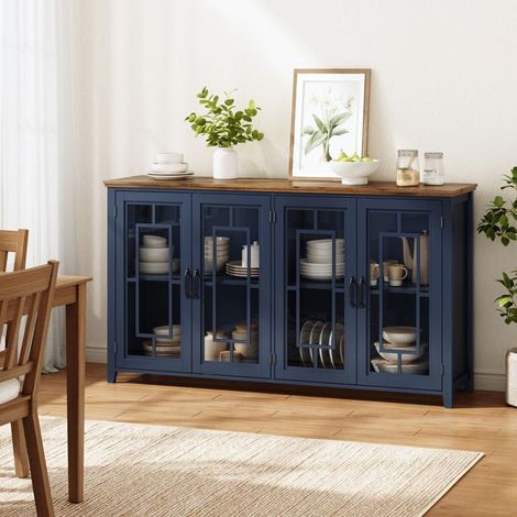 Buffet 160 cm Portes vitrées Rangement spacieux Plateau aspect bois Sécurité anti-basculement (1/5)