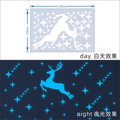 YGT1036 Autocollants décoratifs phosphorescents en forme de cerf de Noël (55 pièces) - Lumière bleue - Décoration murale auto-adhésive - Motif cerf - Lumière bleue