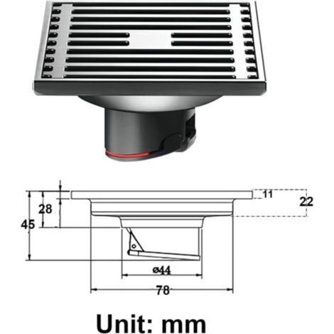 Siphon De Sol Carré, Siphon Douche Droit Anti-odeurs en Laiton avec Grille Amovible Et Filtre À Cheveux, K7005QH (1/2)