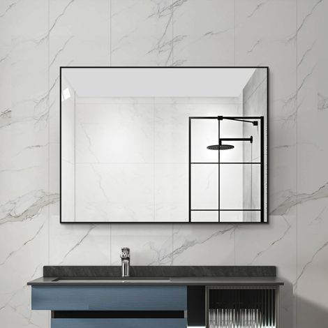 Miroir mural salle de bain 60x80 cm, cadre aluminium noir, glace HD sans cuivre, fixation verticale ou horizontale, idéal pour WC, entrée et dressing. (1/5)