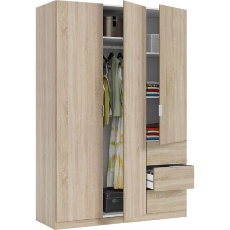 Habitat Et Jardin – Armoire 3 portes battantes 3 tiroirs chêne canadien 135 x 200 x 52 cm – Panneau d'aggloméré 15 mm – Charnières métalliques – Tringle extractible (1/5)