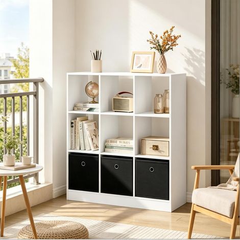 Bibliothèque cube 9 cases avec 3 tiroirs en tissu, 80 x 86,5 x 30 cm, blanc et noir OKWISH (1/5)