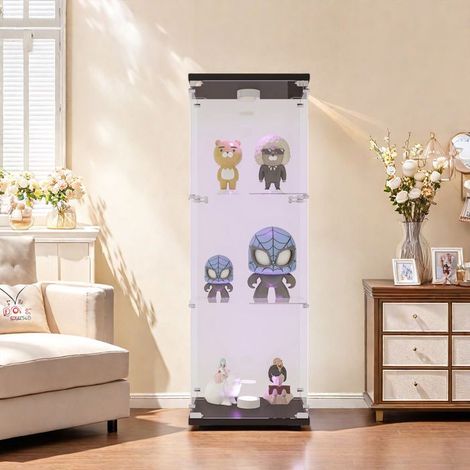 Glasvitrine mit LED, 3 Regalen, Präsentationsschrank für das Wohnzimmer, Vitrine für Sammlungen, 125 x 42 x 36cm, Schwarz