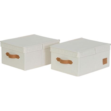 Boite de rangement avec couvercle - Lot de 2 - Tissu en lin - Petite boite rangement - Beige - Dimensions chacune 33x25x16 cm (1/5)