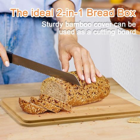 Portapane con coperchio in bambù [funzione 2 in 1] - Utilizzabile come tagliere, realizzato in acciaio al carbonio per una freschezza duratura, dotato di borsa (bianco, 33,2 x 19 x 13 cm) (1/4)
