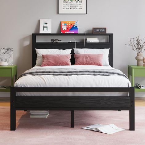 Metal Bed Frame 120 x 200 cm with Slatted Base and USB Charging Function, Modern 120 x 200 cm with Storage Space, Headboard, Metal Bed Frame for Bedroom (1/5)
