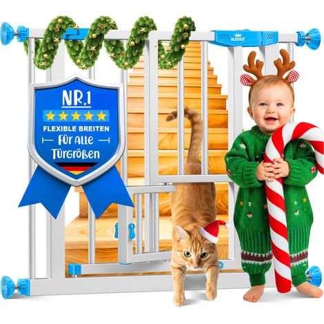 KIDIZ® Türschutzgitter Absperrgitter Treppengitter Kindergitter mit Türe für Hunde und Katzen Haustier ohne Bohren erweiterbar kombinierbar Blau / 102-115 cm
