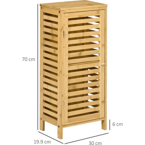 Meuble d’appoint salle de bain à porte lamellée, 2 compartiments de rangement, bois naturel, dimensions 30x19,9x70 cm (1/4)