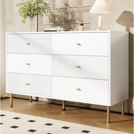 Commode en MDF blanc 6 tiroirs avec poignées en alliage de zinc et pieds en acier, 120 x 40 x 78 cm (1/5)