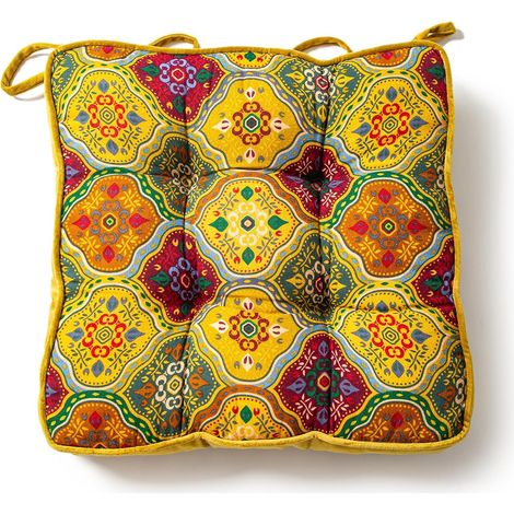 Coussin de chaise en velours style bohème pour chaises de cuisine ou de salle à manger, coussin de chaise imprimé avec attaches, coussin carré doux et confortable (jaune, 40 x 40 cm) (1/5)
