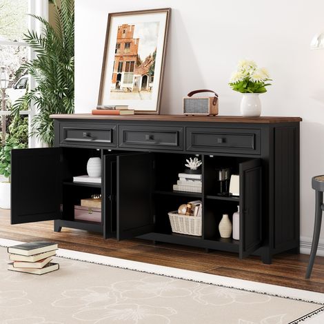 Buffet Et Enfilade avec 4 Portes et 3 Tiroirs, Étagères Réglables, Style Moderne, en MDF, Noir, 160×35×76 cm