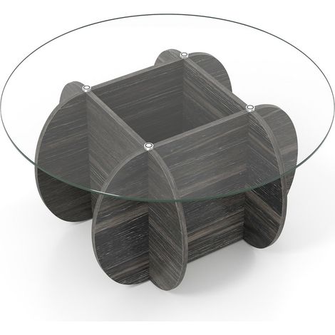 Tavolino rotondo da caffè 89 cm tavolino laterale con vano portaoggetti nascosto design moderno e rustico vetro temperato nero 200013804