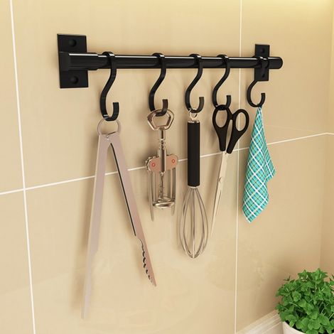 Black 30cmWith 8 Hooks Kitchen Hanging Rack With Hooks Wall Mounted Holder Space Aluminum Single Rod Bar Easy Storage Rack