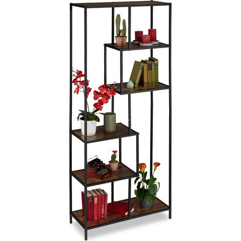 Étagère Style Industriel, 6 Surfaces, Effet Bois, bibliothèque Vintage, HxLxP : 186x78x33 cm, Noir/Brun foncé (1/5)