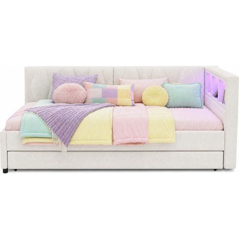 Cama nido 90x200 cm de tela beige con cama extraíble, USB tipo C, LED multicolor y huecos de almacenaje en cabecero, ideal para dormitorio juvenil  CHICFURN (1/5)
