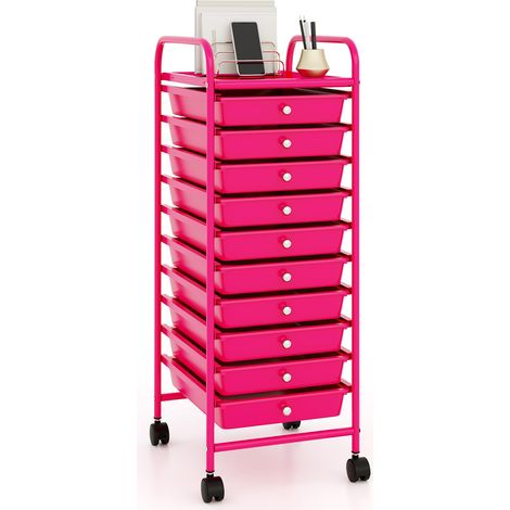 COSTWAY Carrello con 10 Cassetti da Stoccaggio, Cassettiera di Metallo e Plastica, Contenitore Multiuso con Ruote a Freno, per Casa e Ufficio (Rosa) (1/5)