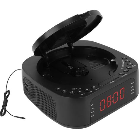 Lecteur CD avec réveil, chargement USB, écran à luminosité réglable, radio Bluetooth, haut-parleur intégré et télécommande pour chambre (prise australienne). (1/5)