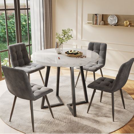 MEUBLIV Ensemble table à manger 5 pièces ronde 80 cm blanc et gris avec 4 chaises en velours (1/5)