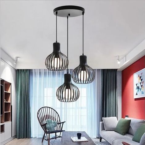 Lustre Industrielle Noir Lampe Suspension Luminaire Vintage en Cage Fer Fogre pour Salon Chambre (1/4)