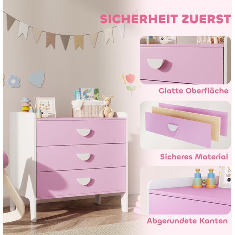 Commode enfant 3 tiroirs, meuble de rangement MDF, armoire de chambre bébé, rose et blanc (1/5)
