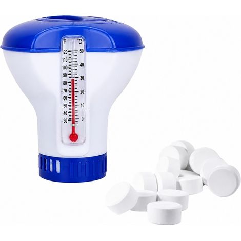 Distributeur Chlore Flottant Piscine 12 x 15 cm ABS Blanc Bleu avec Thermomètre (1/5)