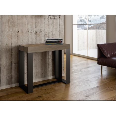 Console extensible bois foncé et pieds métal anthracite 8 personnes 40 à 196 cm Fonja (1/4)
