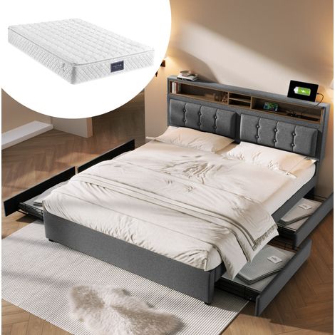 Cama doble 160x200 cm tapizada gris en lino con cabecero regulable, 4 cajones, USB y colchón incluido (1/5)