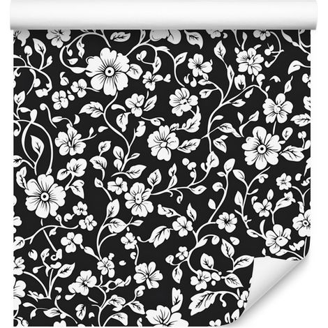 Papier peint à fleurs noires et blanches, graphite, centre gris, 50 x 1000 cm (1/5)