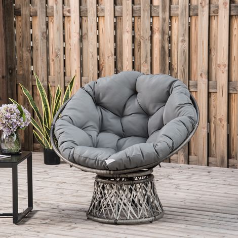 Sedia da giardino rotonda Outsunny, sedia girevole Papasan, elevato comfort, Ø 97 x 86H cm, cuscino grande incluso, resina intrecciata in poliestere, grigio