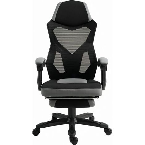 Fauteuil de gaming ergonomique noir et gris, siège de bureau à dossier haut, assise réglable de 42 à 52 cm, repose-pieds pliable, confortable  CHICFURN (1/5)